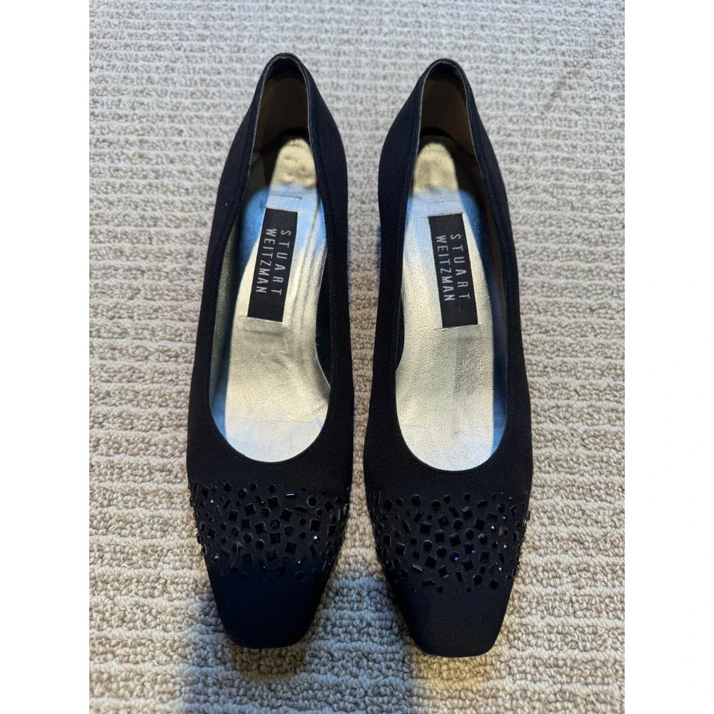 Stuart‎ Weitzman Black Satin Embellished Toe Pumps Heels Womens 8B Square Toe